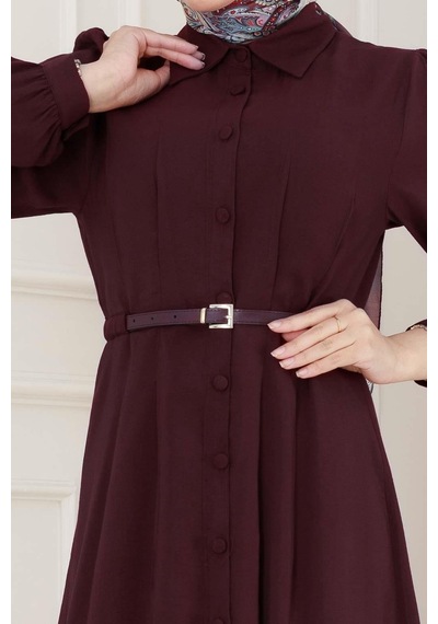 Sevitli Kemerli Tensel Elbise-bordo-5035 Bordo