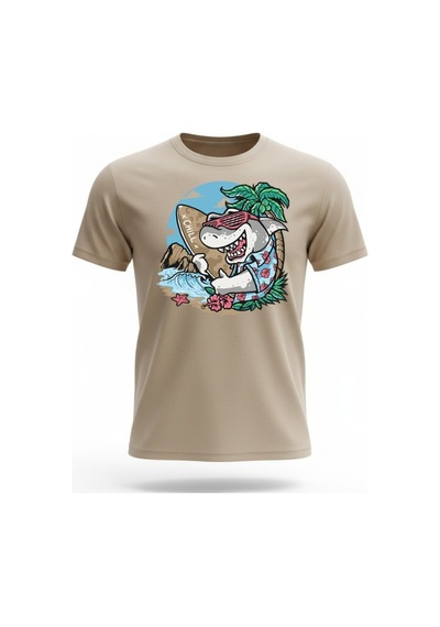 Urbantrendstore Unisex Köpekbalığı Sörf Tatil Oversize Fit Rahat Geniş Salaş T-shirt Günlük Tişört Bej
