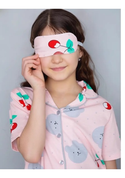 Lillypicca Pembe Desenli Pamuklu Önden Düğmeli Göz Bantlı Kısa Kol Pijama Takımı 8003 Somon