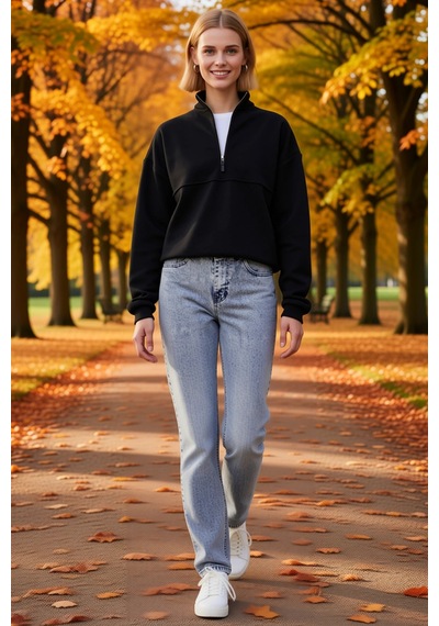 Ersefa Kadın Oversize Yarım Fermuarlı Dik Yaka Basic Sweatshirt Önü Diki siyah