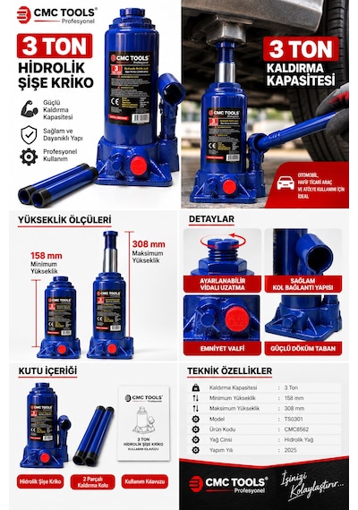 Cmc Tools Cmc8562 3 Ton Hidrolik Şişe Kriko 158-308 Mm 2 Parçalı Kollu