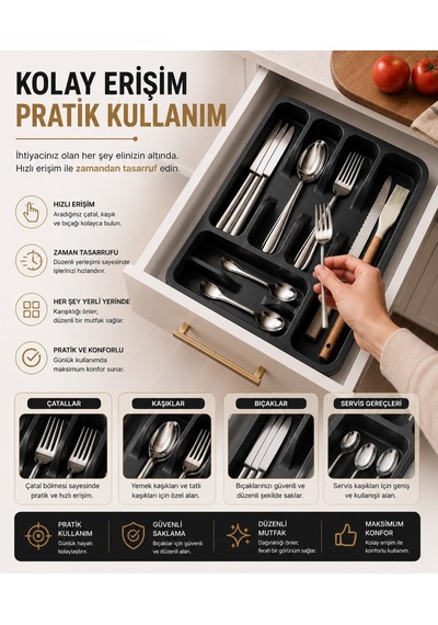 6 Bölmeli Çekmece İçi Kaşıklık, Plastik Çatal Bıçak Organizeri, Mutfak Düzenleyici Gri S-11003