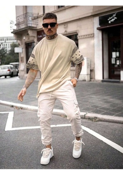 Altamira Erkek Duman Gri Kol Desenli Oversize T-shirt 001