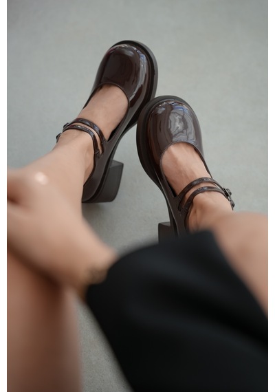 Selin Shoes Sandy Çift Bantlı Rugan Kadın Loafer- Kahve Rugan Kahverengi