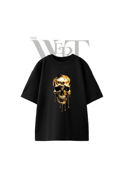 Thewert Gold Dripping Skull Tasarım Baskılı Ünisex Siyah Oversize T-shirt