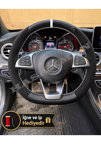 Mercedes Glc Dikme Direksiyon Kılıfı Alcantara Süet Mat Karbon Beyaz Yüzük Ve Dikiş 2015-2019