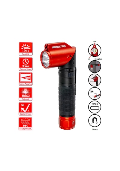 İzeltaş Pro Led Şarjlı Lazer Pointer/uv El Feneri 1000 Lm Kırmızı - Siyah