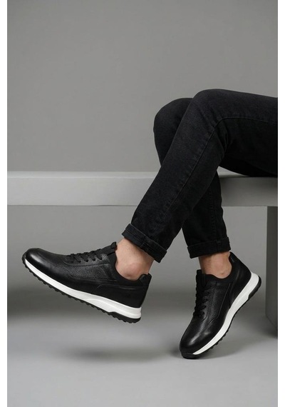 Papuçcity Pisagor 5736 Erkek Hakiki Deri Sneakers Spor Ayakkabı Siyah