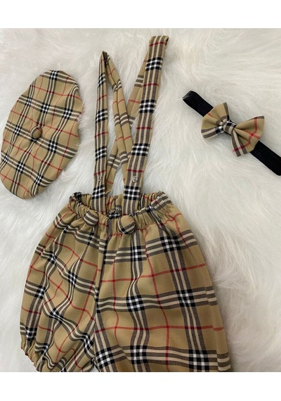 Eylülce Butik Bej Ekose Çocuk Askılı Şort Salopet & Ressam Şapkası & Papyon - Pasta Patlatma-doğum Günü