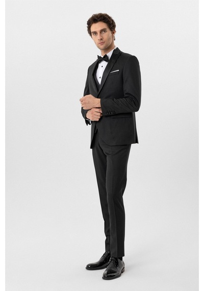 Süvari Siyah Slim Fit Armürlü Sivri Yaka 6 Drop Smokin & Damatlık
