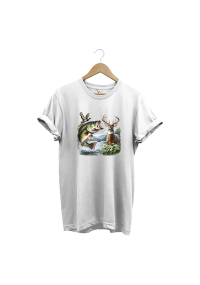 Balıkçılık Ve Avcılık Temalı Geyik, Ördek Ve Turna Balığı Baskılı %100 Pamuk Regular Fit T-shirt Beyaz