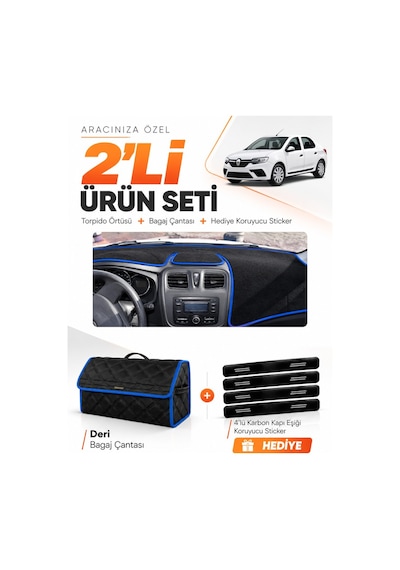 Renault Symbol Uzun Tip.2 2013-2021 Uyumlu Torpido Örtüsü + Deri Bagaj Çantası Seti - Siyah Mavi