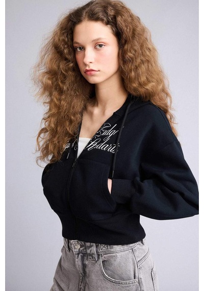 Defacto Kapüşonlu Baskılı Fermuarlı Sweatshirt H0168ax26spbk81 Siyah-bk81