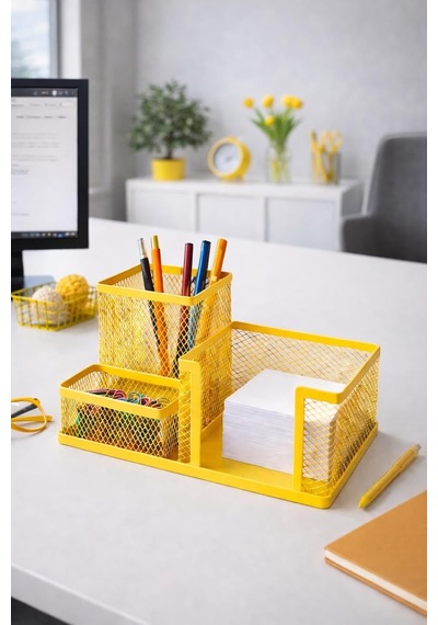 Nd-1034 Metal Mesh Masaüstü Organizer 3 Bölmeli, Çok Amaçlı Düzenleyici Sarı Genel