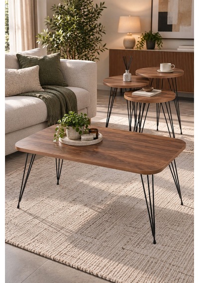 Sulorahome Ceviz Desenli 4'lü Sehpa Seti Metal Ayaklı