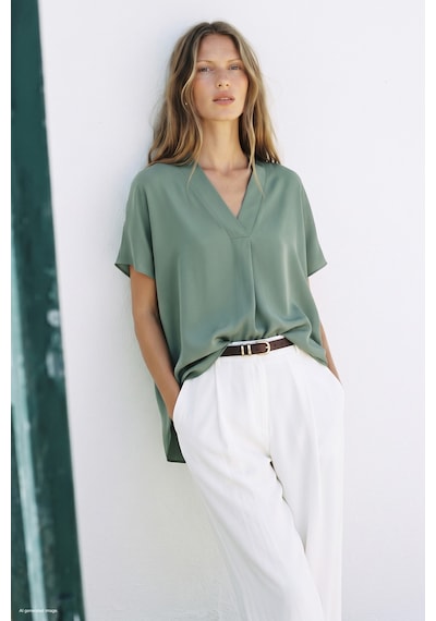 Sateen Geniş Kısa Kollu Bluz - Mint-137800 MİNT