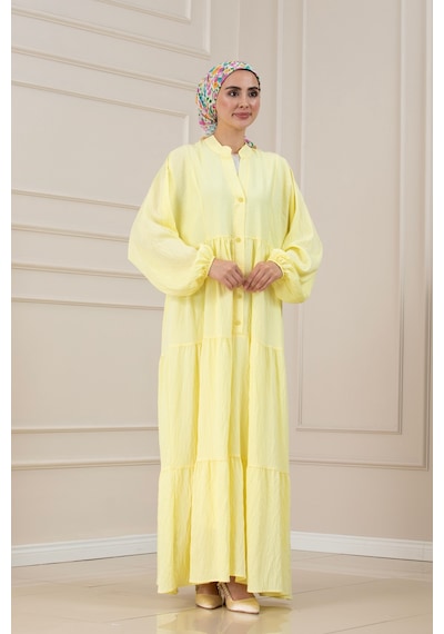 Sevitli Lilyum Kumaş Robalı Katya Elbise-sarı-5822
