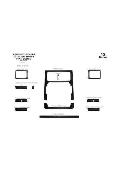 Peugeot Expert Scudo Jumpy Torpido Kaplama 2007 12 Parça Siyah Karbon