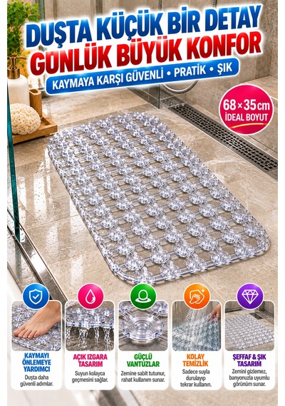 Crystal Kaymaz Vantuzlu Banyo Paspası Şeffaf 68x35 Cm Islak Zemin Kaydırmaz Küvet Duşakabin Pvc Matı