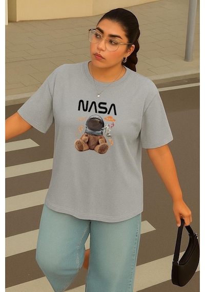 Büyük Beden Nasa Ayıcık Baskılı Unisex Tişört Gri