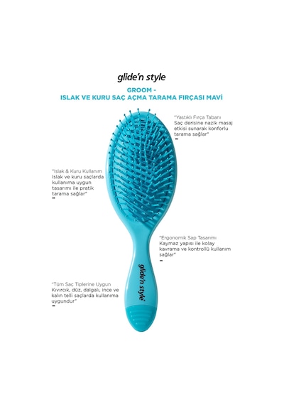 Glide'n Style Groom Islak ve Kuru Saç Açma Tarama Fırçası Mavi GS-242