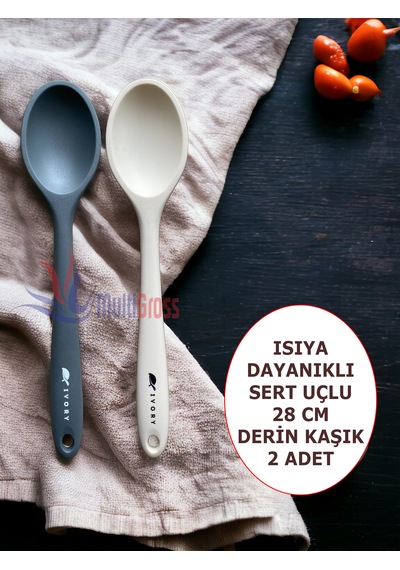 Sert Uçlu Isıya Dayanıklı Silikon 28 Cm Kaşık Gri-krem