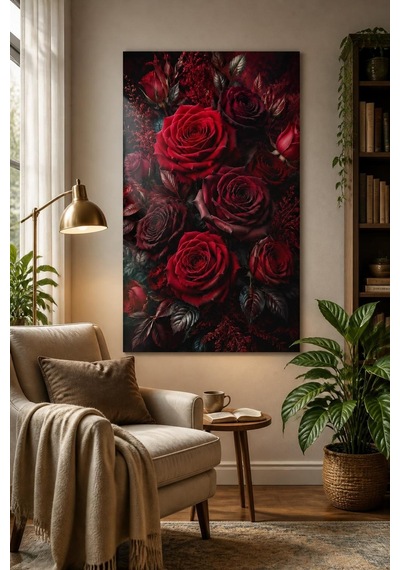 Kırmızı Gül Desenli Baskılı Cam Tablo Uv Baskı Dekoratif Duvar Tablosu