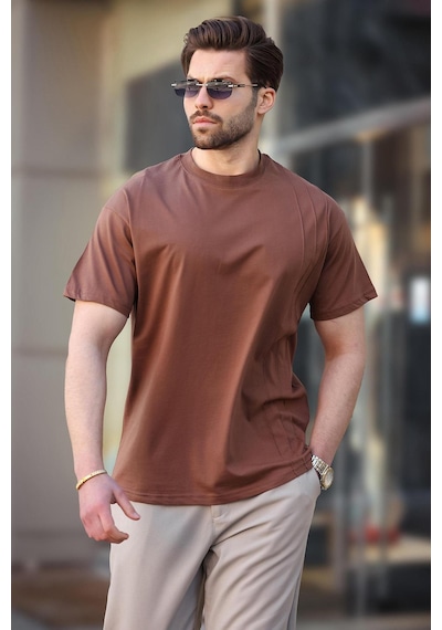 Madmext Kahverengi Overfit Erkek T-shirt E7130 Kahverengi