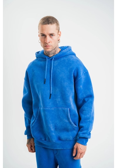 Barlashive Erkek 3 İplik Pamuklu Oversize Kapüşonlu Yıkamalı Hoodie Sweatshirt - Mavi Çok Renkli