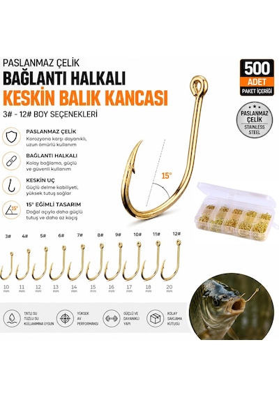 Valkyrie 500 Adet Altın Renk Olta İğnesi Seti 10 Farklı Boy, Paslanmaz Çelik, Halkalı Keskin Balık Kancası