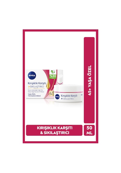 45 Yaşa Özel Kırışıklık Karşıtı Yüz Bakım Kremi 50ml, Sıkılaştırıcı, Kaz Ayağı Kırışıklığı Giderici