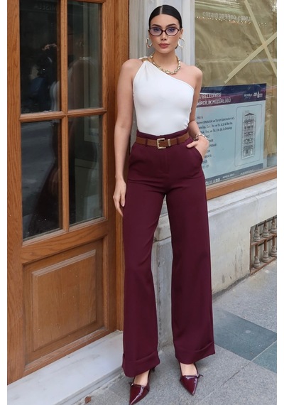 Kechi Woman Double Kumaş Bol Paça Kemerli Pantolon Bordo