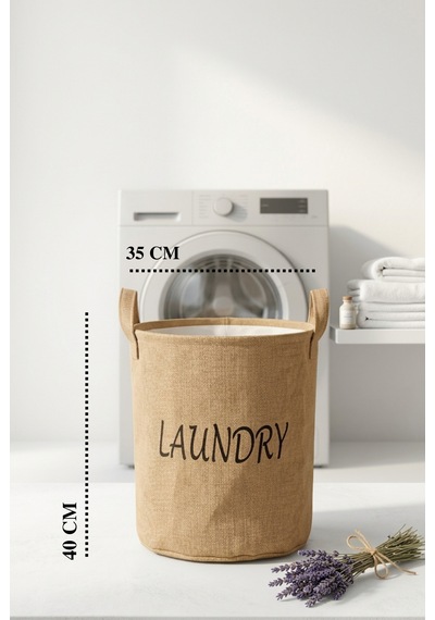 Çamaşır Sepeti Kumaş Kulplu Jüt Kumaş Katlanabilir Laundry Yazılı Bej Renk Açık Kahverengi