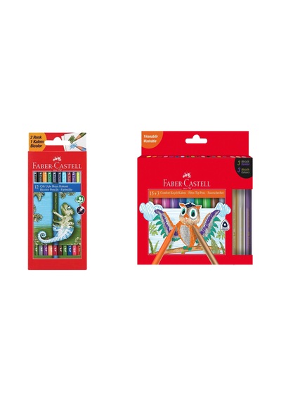 Faber Castell Boyama Seti Comfort Keçeli Kalem 15+3 Metalik Renk Ve Çift Uçlu Bicolor Kuru Boya 24 Renk Çok Renkli