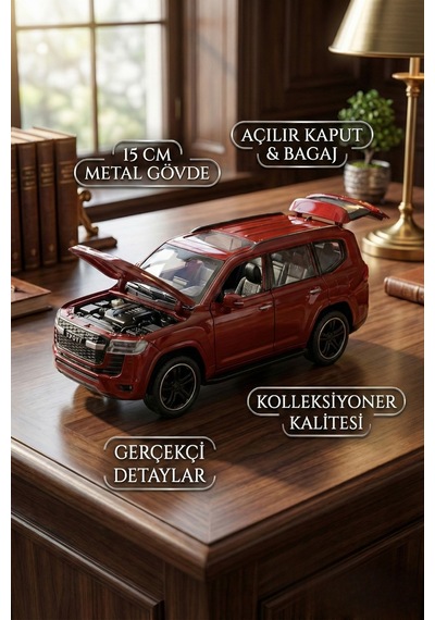 1:32 Metal Çek Bırak Arazi Aracı Toyota Land Cruiser Model Oyuncak Araba - Sesli Işıklı Kırmızı