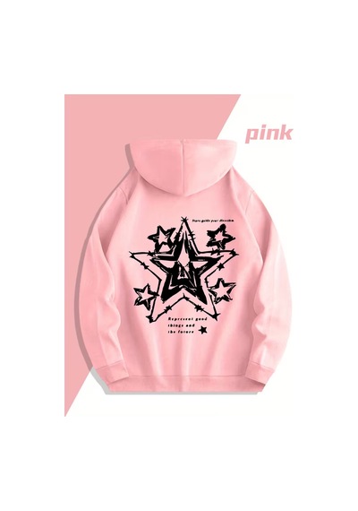 Nevermind Yıldız Desenli Baskılı Hoodie Trend Sevgili Kombini Oversize 3 Pembe
