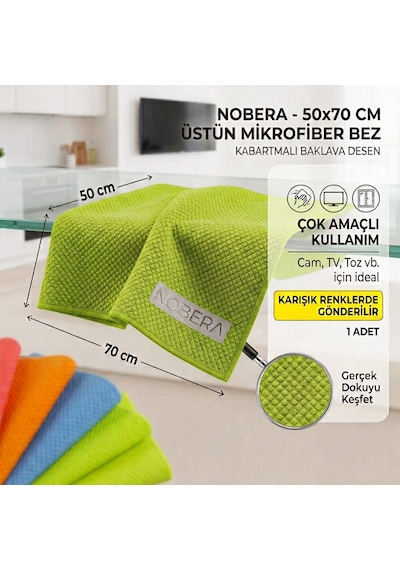 Nobera 50x70 Cm Kabartmalı Baklava Desen Çok Amaçlı Mikrofiber Cam Bezi, Leke Ve İz Bırakmaz Toz Bezi 1 Adet Karışık