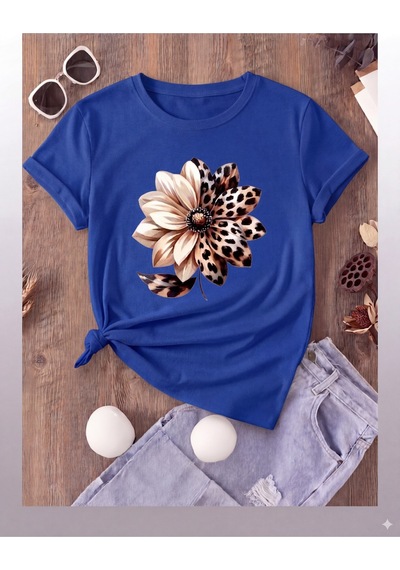 Nature & Wild Leopar Çiçek Baskılı T-shirt Mavi