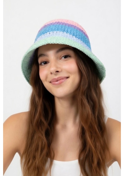 Mollycrush Kadın Mavi Geçişli Hasır Örgü Bucket Şapka Bohem Stil Plaj Ve Güneş Şapkası Mavi