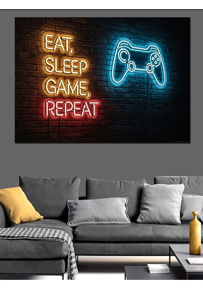 Ahşap Tablo Eat Sleep Game Repeat Neon Yazı