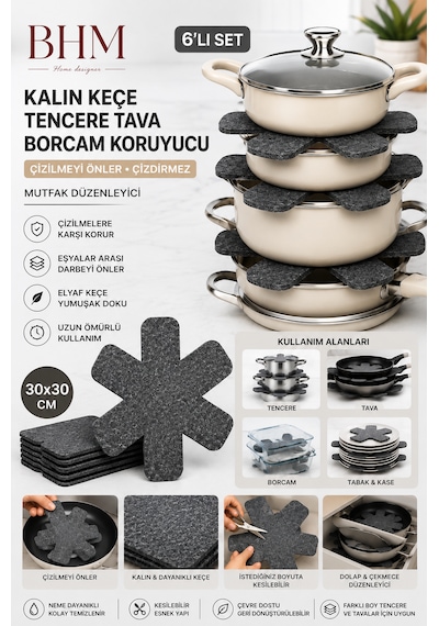 Kalın Keçe Tencere Tava Borcam Koruyucu 6'lı Set 30x30 Cm Çizdirmez Tencere Arası Ayırıcı Mutfak Düzenleyici Siyah