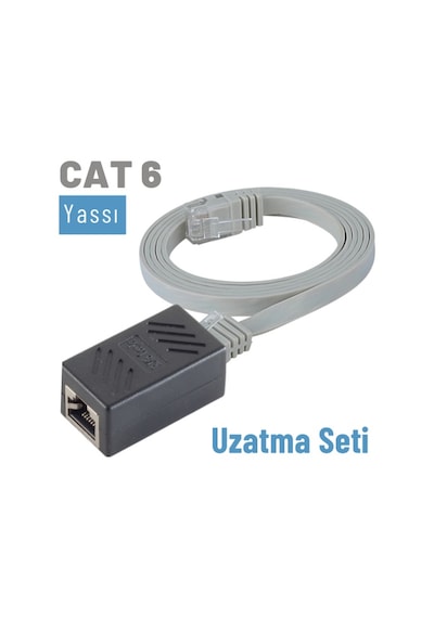 Irenis CAT6 Kablo Uzatma Seti. Yassı Ethernet Kablo ve Ekleyici 3 M-Gri