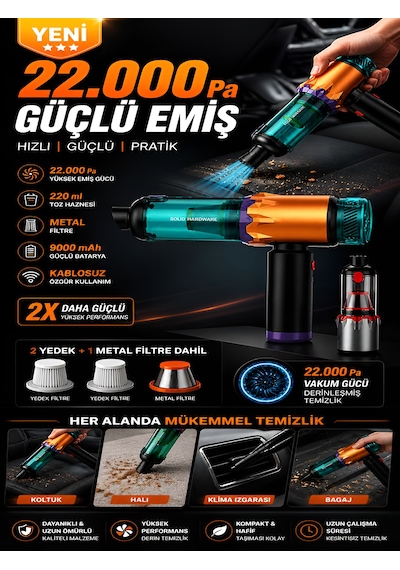 22000pa 220w Ultra Güçlü 9000mah Kablosuz Araç İçi Süpürge Metal Filtreli 220ml Şarjlı Mini