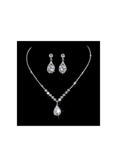 Shine Işıltılı Kristal Su Damlası Taşlı Su Yolu Gümüş Kaplama Şık Kolye Küpe Düğün/ Hediye Takı Seti Pembe - Beyaz
