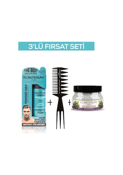 Fontenay Pudra Toz Wax Mavi 20gr + Şekil Tarağı 034 + Face And Body Scrub Böğürtlen 350ml 3'lü Set
