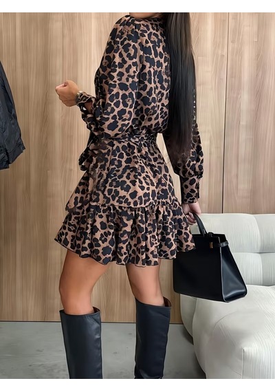 Kadın Uzun Kollu Kruvaze Yakalı Belden Bağcıklı Kısa Leopar Desenli Modal Elbise
