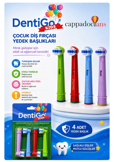 Cappadocians Kids Elektrikli Diş Fırçası Yedek Başlığı Çocuklar İçin Renkli 4'lü
