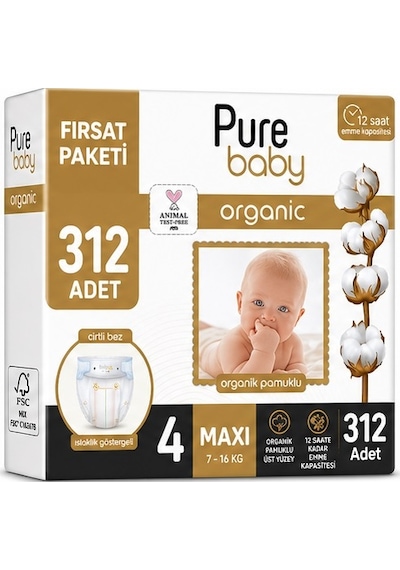 Pure Baby Organik Bebek Bezi 4 Beden 7-16 Kg Maxi 312 Adet 4 Numara