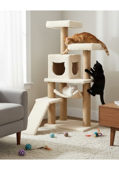 Reyo Pet S-9 Kedi Tırmalama Kulesi Platformlu 124 Cm Beyaz