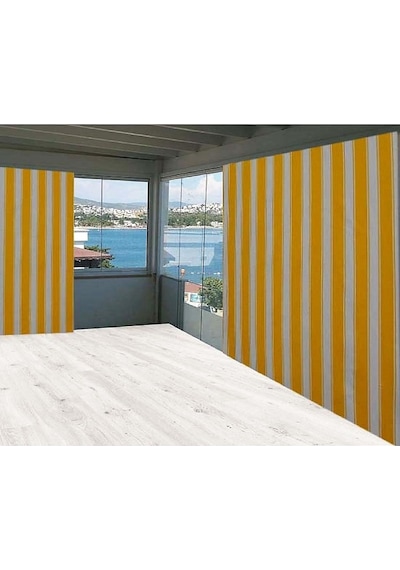 Ceylan Home Balkon Perdesi Sarı Kalın Beyaz Çizgli Ölçü Seçenekli Sarı